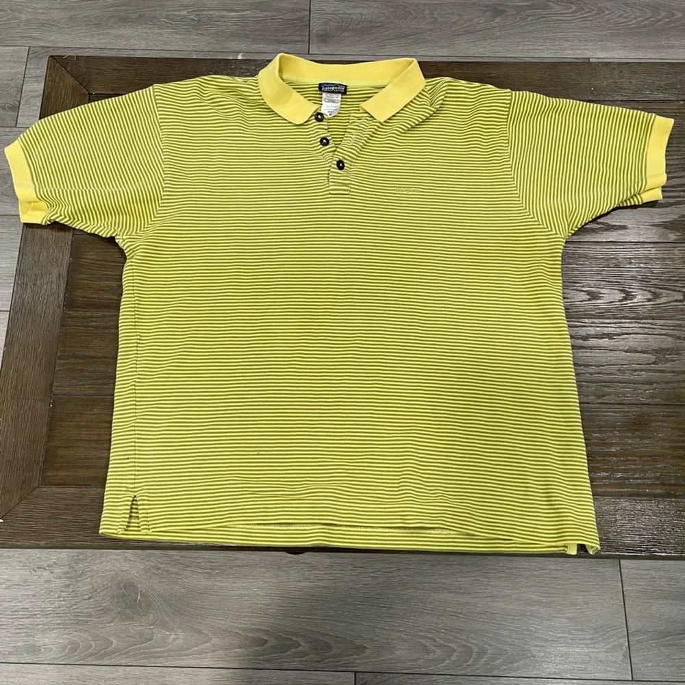 Patagonia Organic Cotton Polo Shirt Men’s M Yellow Green Stripe - Picture 2 of 4